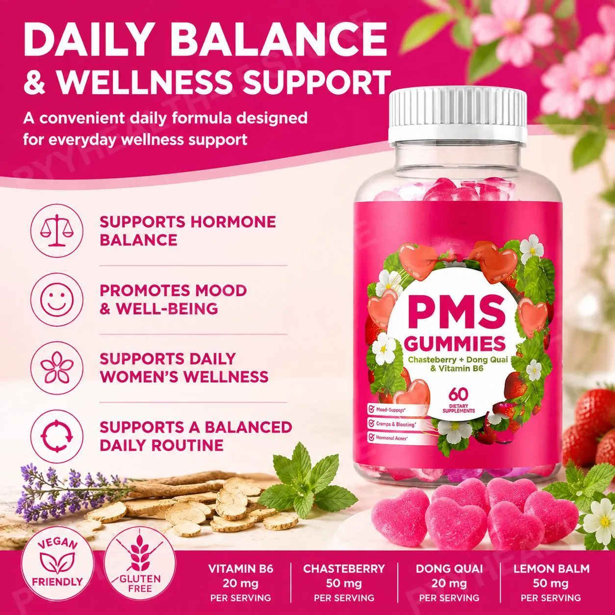 PMS Support Gummies with Chasteberry Vitex Dong Quai Vitamin B6 & Lemon Balm for Women's Monthly Wellness & Mood 60 Gummies — image 4