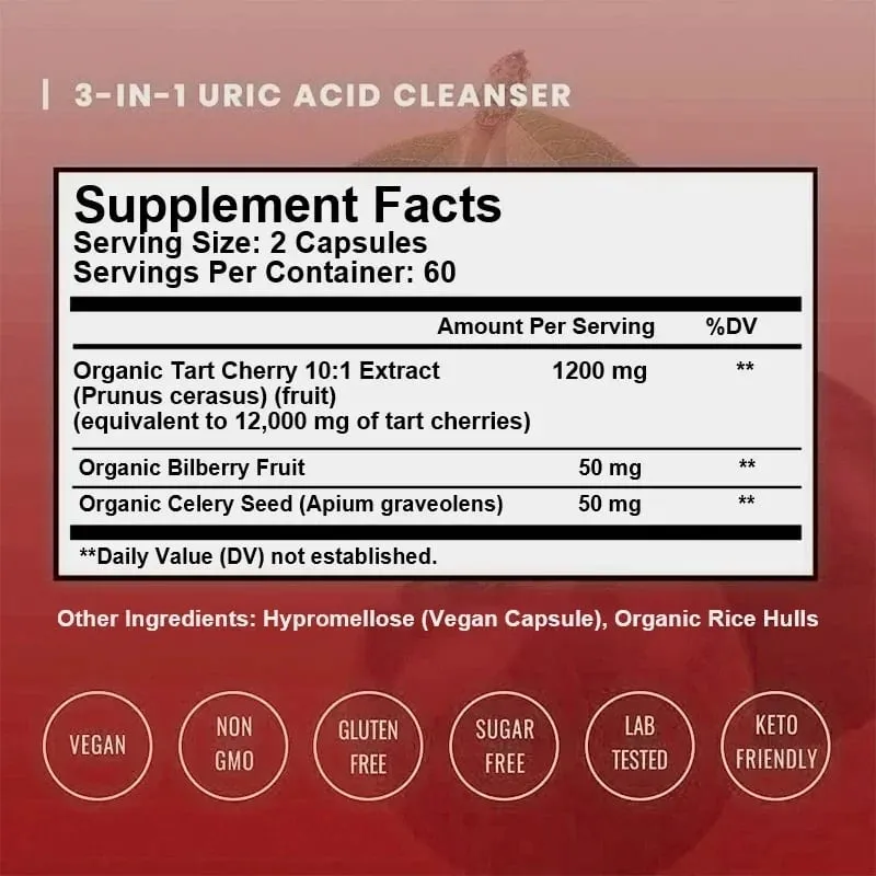 Organic Tart Cherry & Celery Seed Capsules - Uric Acid Cleanse Support Sleep & Joint Health Muscle Repair Supplement