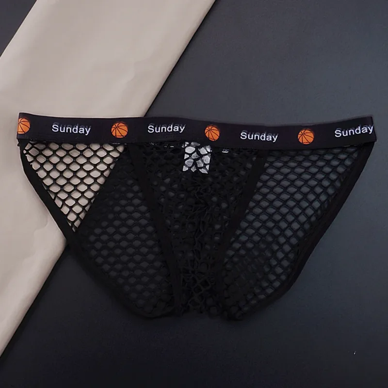 2PCS Basketball Letters Print Low Waist Men Sexy Transparent Nylon Briefs Male Large Mesh Fishnet Underwear for Sports — image 3