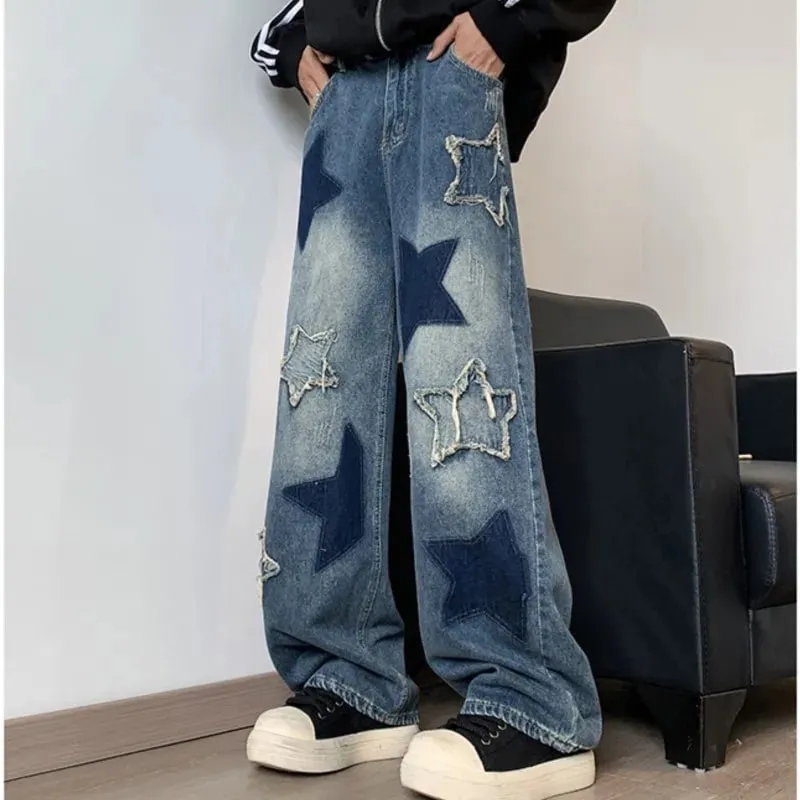 Farmer Férfi Egyenes csillag hímzés Patchwork őszi farmer Uomo széles lábú Hip-hop divat Ifjúsági semleges utcai viselet farmer nadrág — image 4