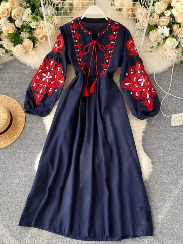 Női őszi ruhák Bohém hímzett virágos O-nyakú lámpás ujjú, magas derékú, redőzött ruha, Női Vestidos PL393 — image 7
