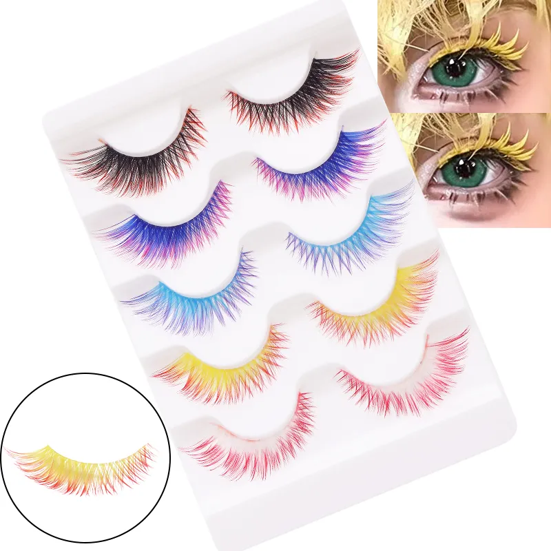 5 Pairs Mix Color Ombre Gradient False Eyelashes 3D Colorful Strip Lashes Handmade Fluffy Colored Eyelashes for Cosplay Makeup — image 2