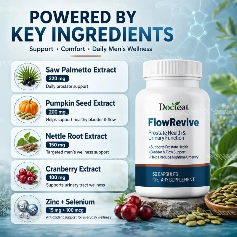 Docteat FlowRevive prosztata- és vizelettámogatás kapszula Saw Palmetto tökmaggal és Pygeum kéreg kivonattal - 60 kapszula