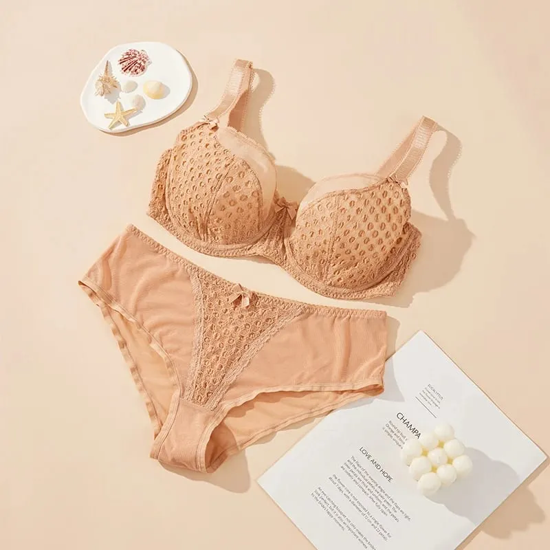 Női Curvy Plus Size Pöttyös hálós csipke melltartó bugyi szett Underwire Support Full Figur nagy kupa E F G H I Légáteresztő fehérnemű 2db