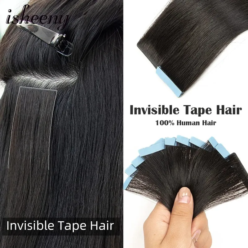 Isheeny Invisible Tape In Hair Extensions 12" 16" 20" Skin Weft Tape Ins 10pcs Natural Straight Machine Made Remy Human Hair — image 1