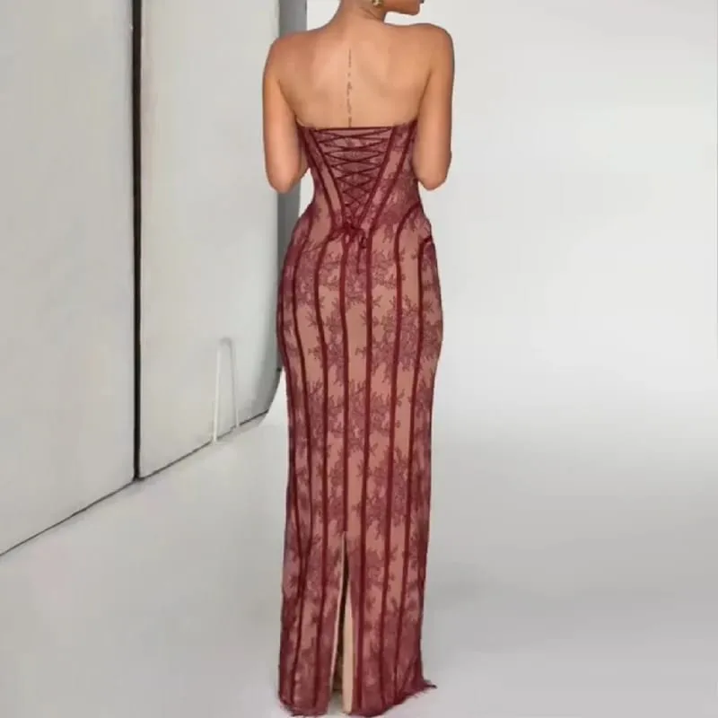 Elegáns, elegáns gézből készült halcsontparti ruha váll nélküli, pánt nélküli maxi ruha női csipkeformázó derék Vestidos 2026 estélyi ruhák — image 5