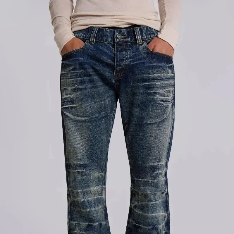 Y2K Mid Blue Flared Jeans Washed Men Women Bootcut Jeans Gothic High Street Unisex Streetwear Φαρδύ παντελόνι με φαρδύ πόδι