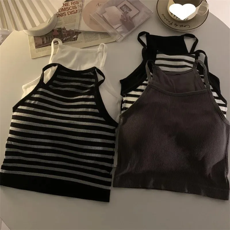 גרסה קוריאנית גופיות נשים חוט מוצק קרופ אופנה קרופ טופ עם פס כרית חזה ללא שרוולים לבישה חיצונית בסיסית — image 7