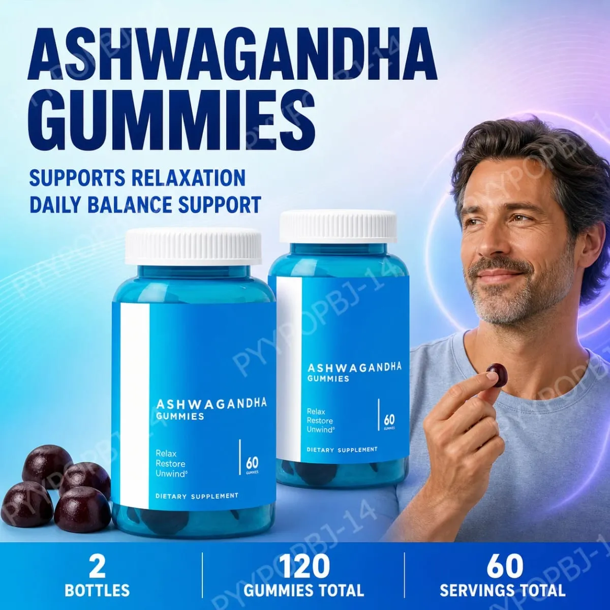 3 csomagos gumicukor készlet: Ashwagandha a stresszoldáshoz, bélegészségügyi probiotikumok + ACV Detox vegán gluténmentes kiegészítő 60 Ct egyenként — image 1