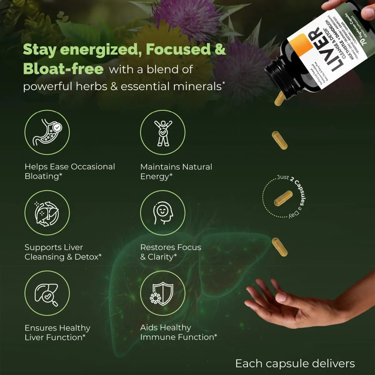 Limpeza do fígado, desintoxicação e suporte para reparo, 70 cápsulas vegetais, suplemento para saúde digestiva do fígado e renovação para homens e mulheres fumantes — image 1