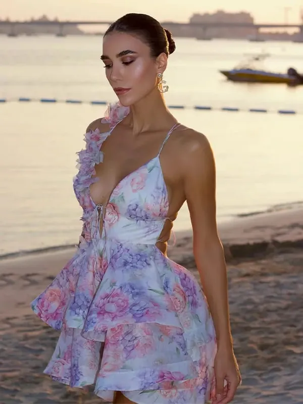 Floral Printd Lace Patchwork Sling Mini Dress Women Elegant Backless Sleeveless A Line Vestidos Chic Lady Holiday Street Wear — image 7