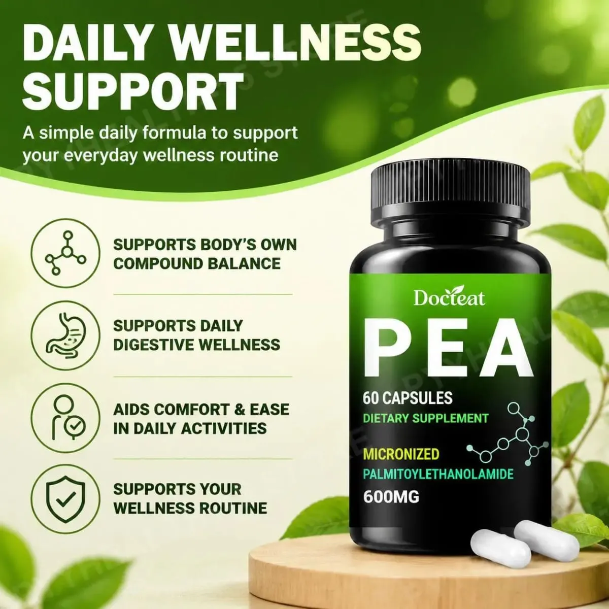 Κάψουλες Docteat PEA 600 mg Micronized Palmitoylethanolamide Supports Compound Balance Maintenance Comfort and Ease 60 κάψουλες — image 4