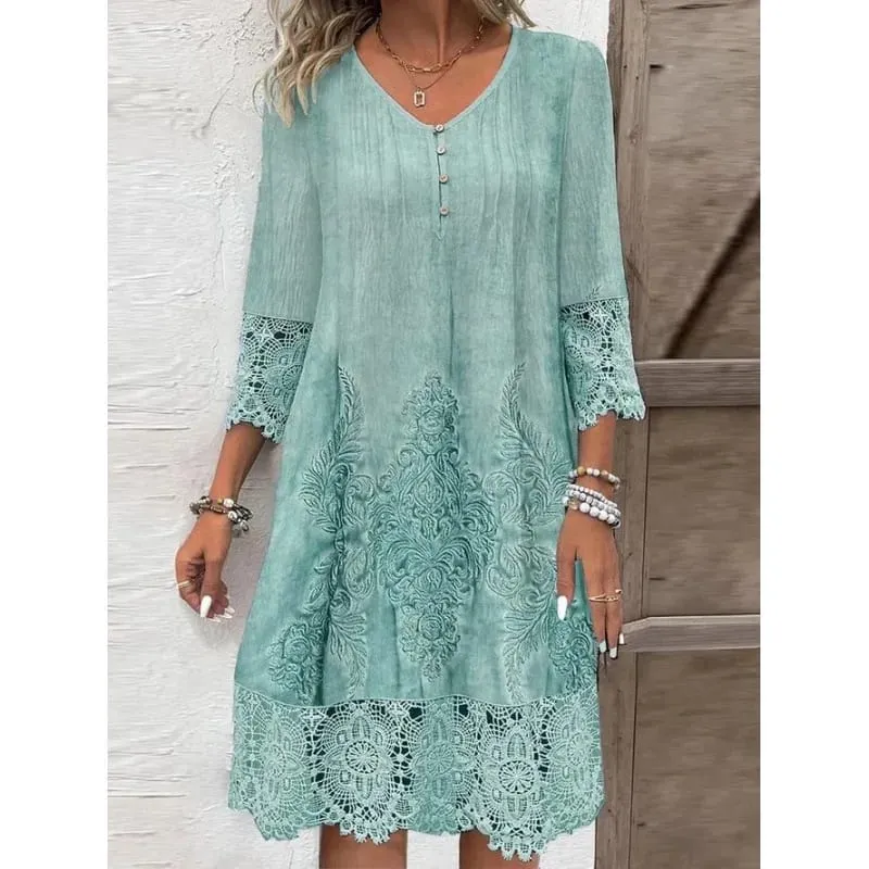 Fashion Summer Dresses 2024 Summer New 3D Pattern Lace Splicing Hollowed Out Midi Dress Casual Short Sleeve Dresses Lady Vestido