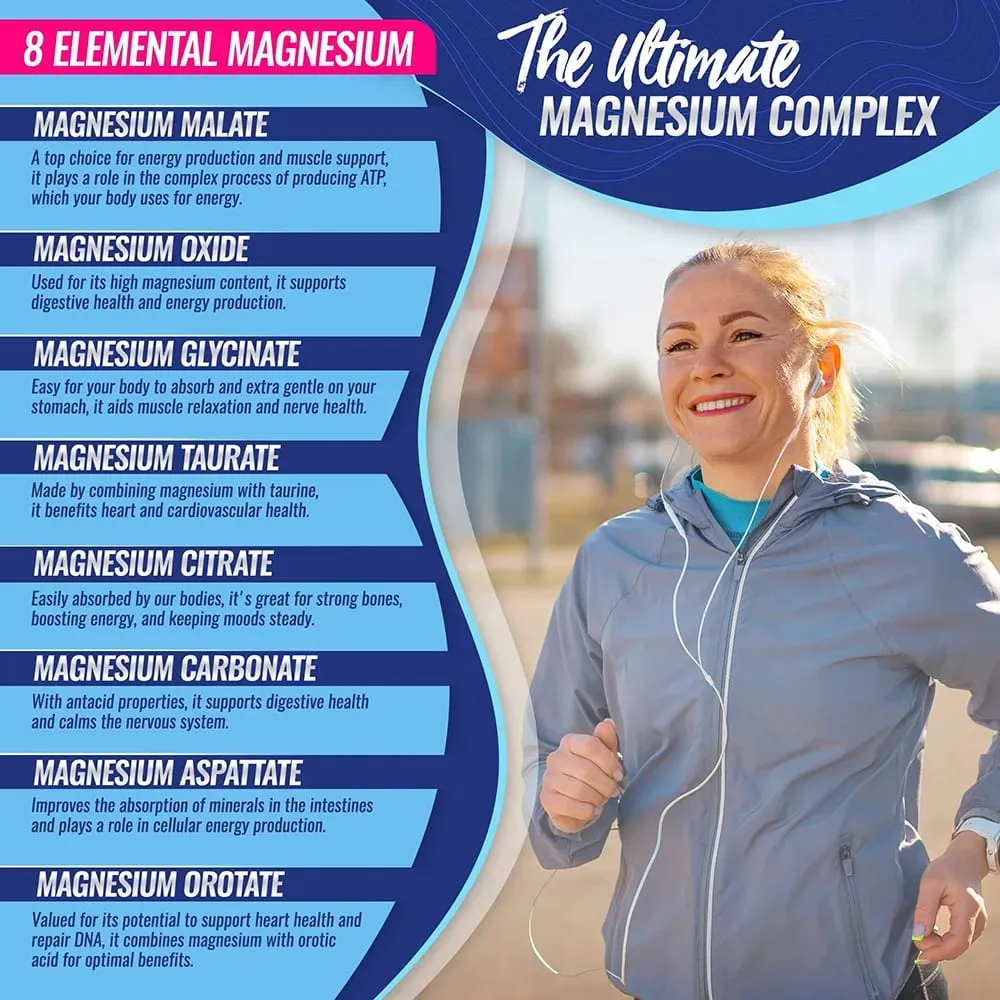 Magnesium Complex Supplement 1000mg - Magnesium Glycinate Citrate Malate Taurate for Bones Muscle Energy 90 Vegan Capsules — image 5