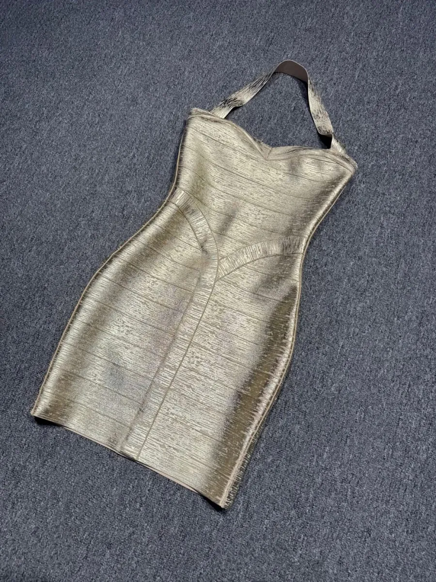 Valódi fotók Női Arany bronzos pólyás ruha Bodycon Mini High Street Evening Club Party Homecoming ruha nagykereskedelmi dropship