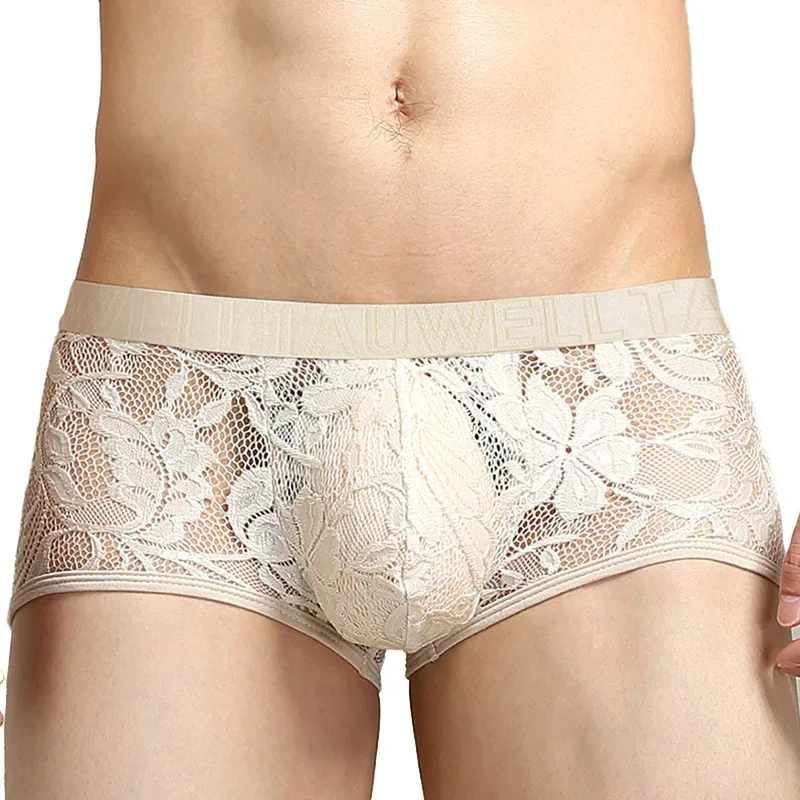 Cuecas boxers masculinas Tawell elegantes e sexy de renda em U com bolso convexo e cuecas planas — image 3