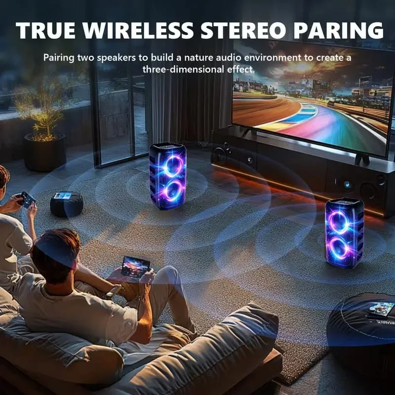9900 Hz-es professzionális nagyméretű Bluetooth hangszóró mikrofonnal, hordozható kivitelben, mélynyomó Party Box LED-világítással, amely kompatibilis a BT/USB/TF/AUX/FM/TWS/MIC/EQ professzionális karaoke funkciókkal. Ideális ajándék születésnapra karácsonyra és újévre