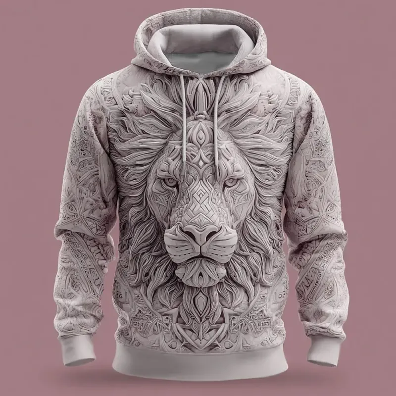 2026 Fall Winter Men's Vintage Animal Lion 3D Prints Hooded Hoodies Sweatshirt Long Sleeve Crew Neck Streetwear Drawstring Tops — image 4