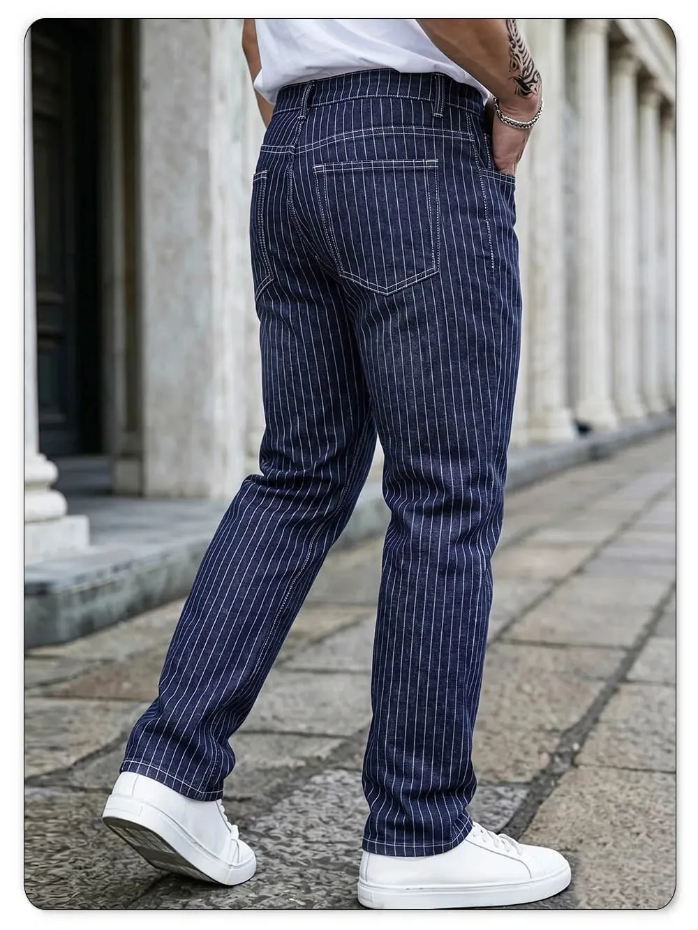 אור יוקרה כחול לבן פסים Jacquard Slim Fit אלסטי ג'ינס ישר רגל ג'ינס עסקי בסגנון קז'ואל נסיעות מכנסי ג'ינס