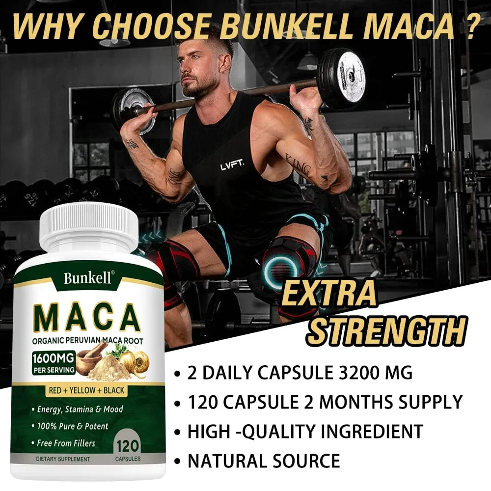 Organic Maca Root Capsules 1600mg - Black Red Yellow Maca Vitality Performance & Muscle Mass Support for Men and Women