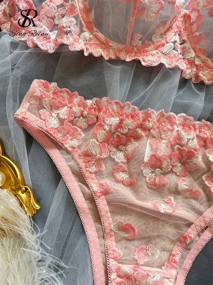 Διχτυωτό Sheer Εσώρουχα Δύο Κοστούμια Γαλλικά Floral Seusual Σετ Εσωρούχων Γυναικεία Κέντημα Σέξι Σετ σουτιέν και σλιπ — image 6