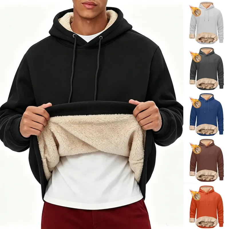 Winter Men's Warm Hoodies Sports Makapal na Sweatshirts Windproof Thermal Casual Solid Color Loose Long Sleeve Pullover Streetwear — image 5