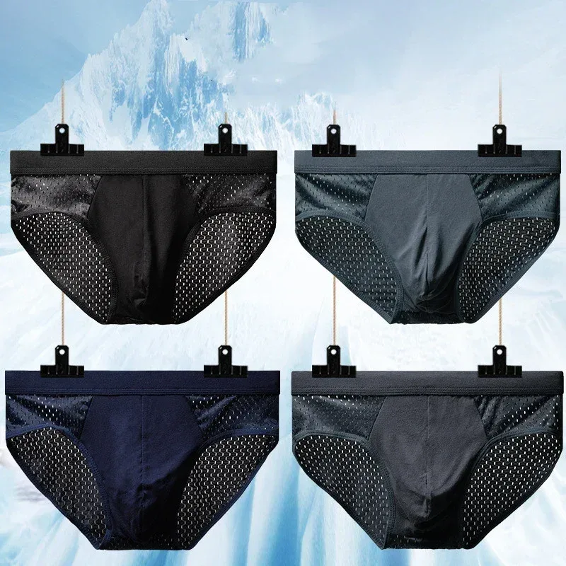 Men's Ice Silk Underwear Briefs Breathable Underwear Bamboo Carbon Fiber Anti-Bacterial Comfortable Hollow Underwear Pants Cold