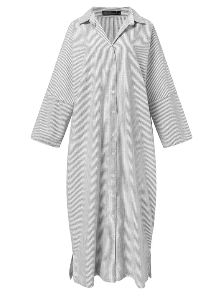 2025 Stripe Printed Beach Party Sundress ZANZEA Ανοιξιάτικο φθινόπωρο Γυναικείο μακρυμάνικο πέτο φόρεμα με ρεβέρ, Casual Loose Vestidos