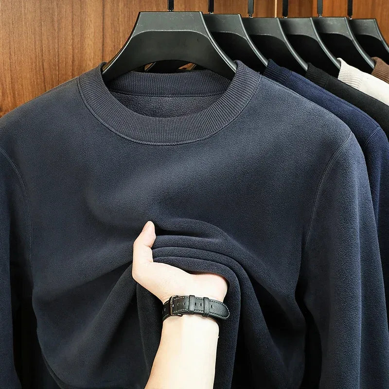 Moletom Com Capuz De Veludo Masculino Outono E Inverno Manga Comprida Pescoço Redondo Cor Sólida Moda Casual Versátil Top — image 5