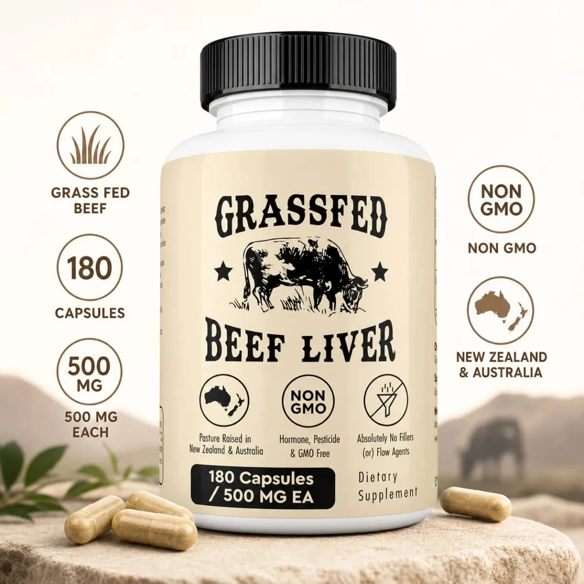 Fűvel táplált marhamáj kapszula 500 mg minden legelőn nevelt szarvasmarha máj-kiegészítő, nem GMO 180 kapszula — image 1