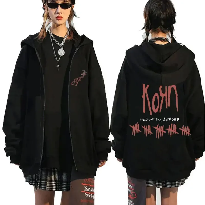 Korn rock band carta logotipo zíper hoodie masculino metal gótico vintage oversized zip up hoodies streetwear punk camisolas jaquetas — image 10