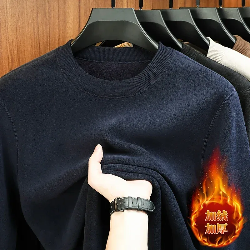 Moletom Com Capuz De Veludo Masculino Outono E Inverno Manga Comprida Pescoço Redondo Cor Sólida Moda Casual Versátil Top — image 10