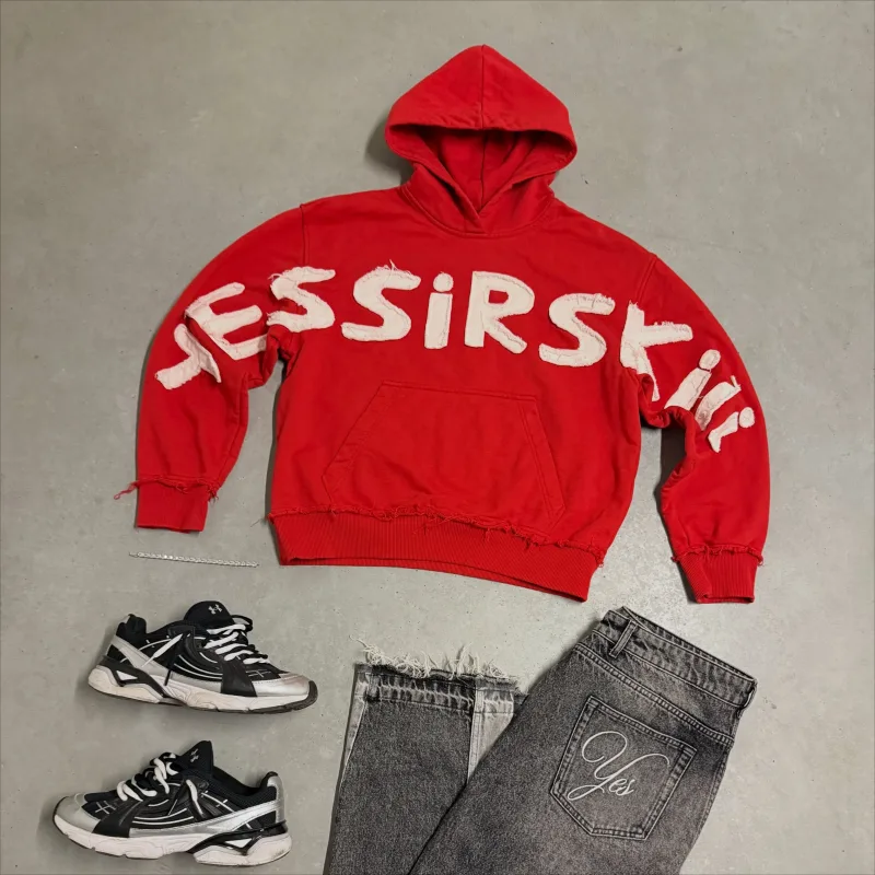 Y2K Men Oversized Hoodie Frayed Raw Edge Patch Letter Print Pullover Hooded Sweatshirt Multi Color Hip Hop Streetwear Hoodies — image 33