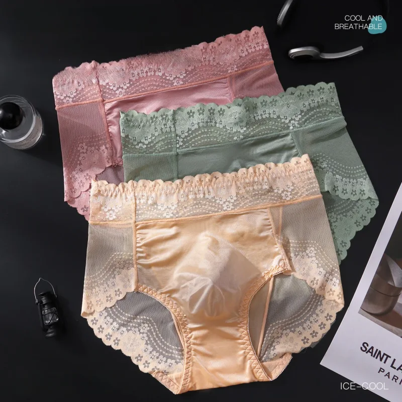Flor renda malha oco para fora sexy roupa interior masculina de seda gelo respirável sem costura fina triângulo calças macio traceless cuecas masculinas — image 2