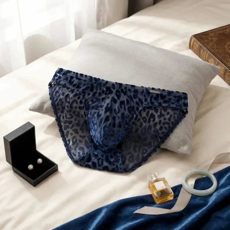 Quick Dry Ice Silk Men Briefs Lingerie Low Waist Sheer Underwear Convex Pouch Transparent Leopard Print Panties Male — image 4