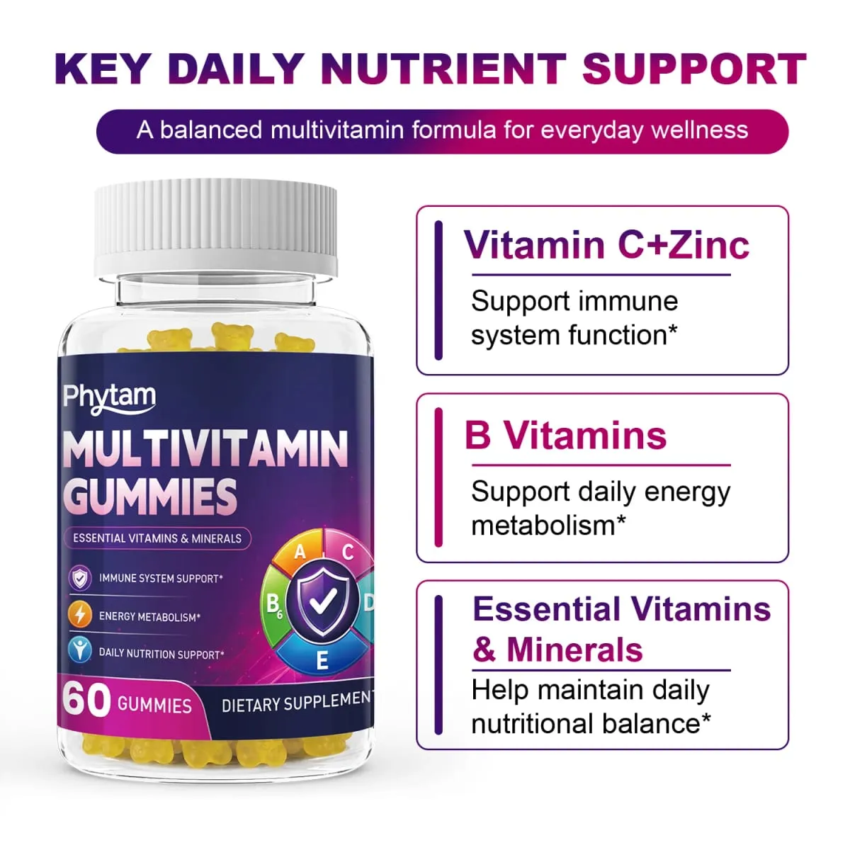 Πολυβιταμίνες για ενήλικες Bear Gummies 14 σε 1 βιταμίνες Μέταλλα Σύμπλοκο Βιταμίνη C Ψευδάργυρος B D Μεταβολισμός Ενέργειας Ανοσοποιητικό Καθημερινή Διατροφική Υποστήριξη 60 μετρήσεις — image 3