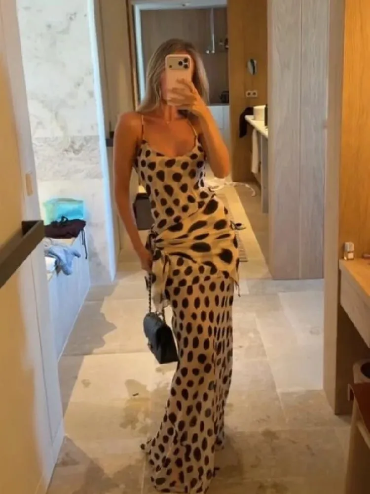 Retro Pöttyös Sling Maxi Ruha Női Szexi U-nyakú ujjatlan, derékba szorított Bodycon ruhák 2026 Nyári buli vakációs köntösök — image 2