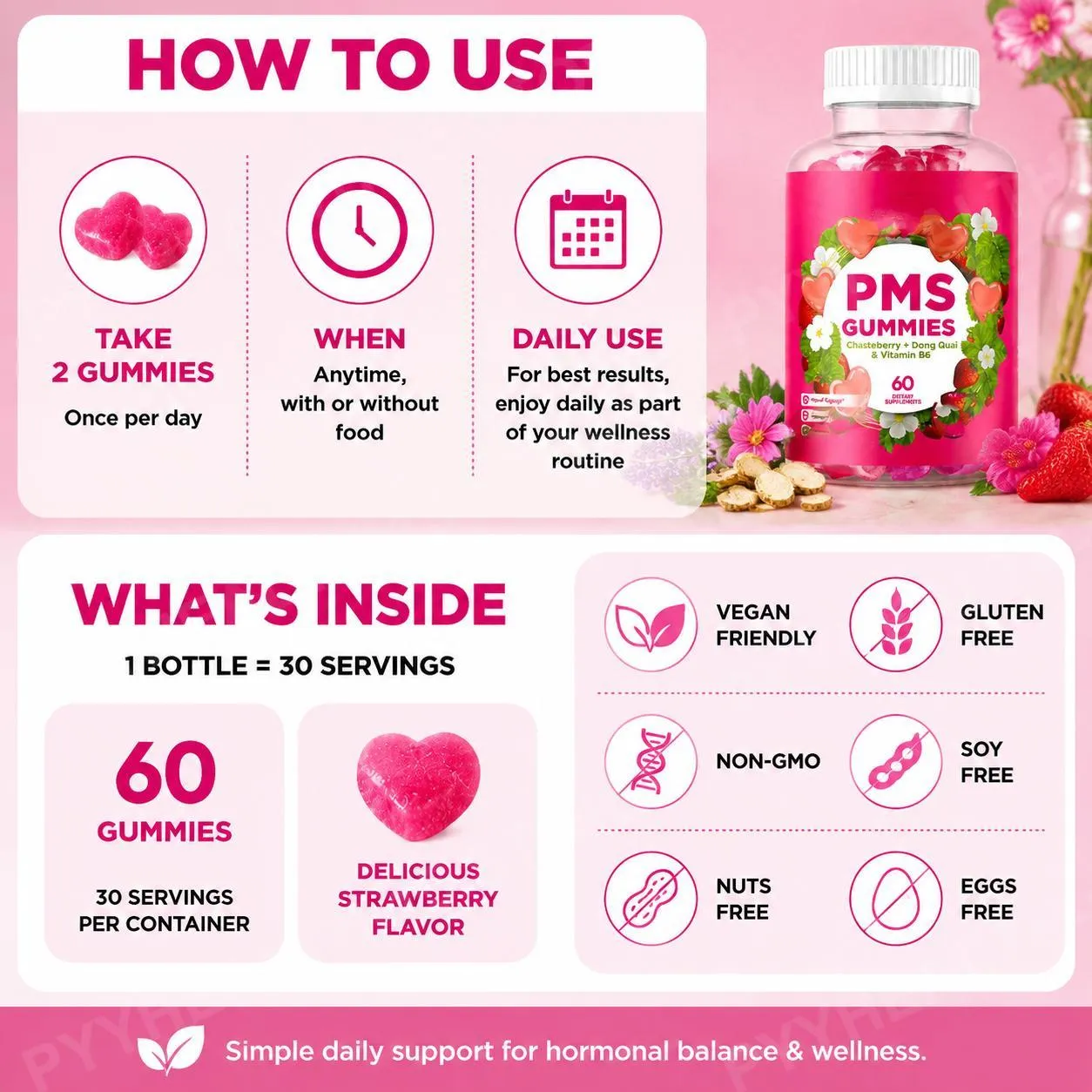 PMS Support Gummies with Chasteberry Vitex Dong Quai Vitamin B6 & Lemon Balm for Women's Monthly Wellness & Mood 60 Gummies — image 5