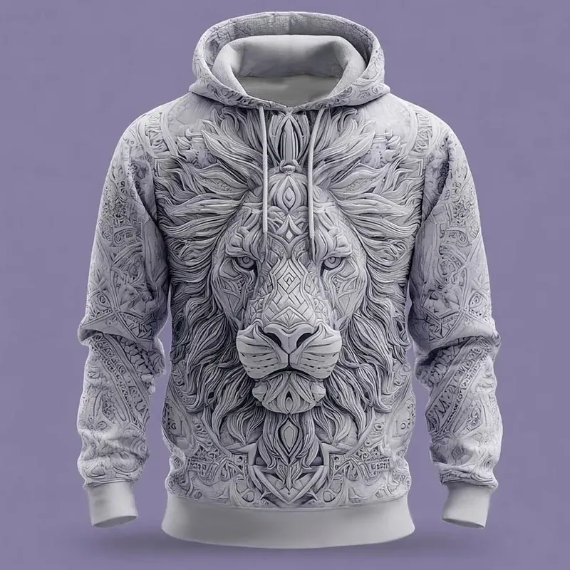 2026 Fall Winter Men's Vintage Animal Lion 3D Prints Hooded Hoodies Sweatshirt Long Sleeve Crew Neck Streetwear Drawstring Tops — image 10