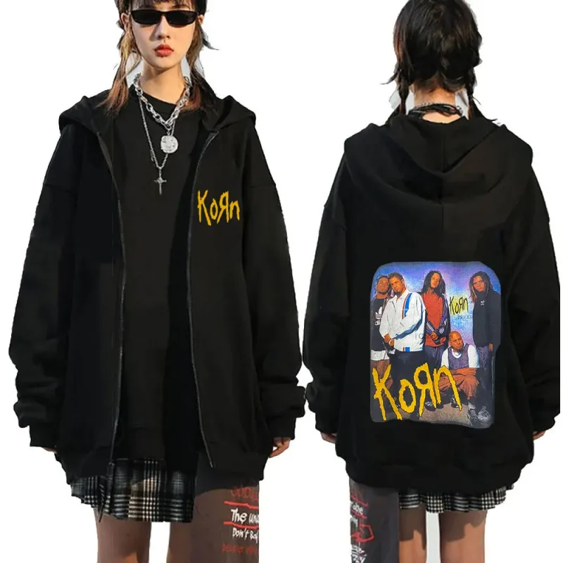 Korn rock band carta logotipo zíper hoodie masculino metal gótico vintage oversized zip up hoodies streetwear punk camisolas jaquetas — image 22