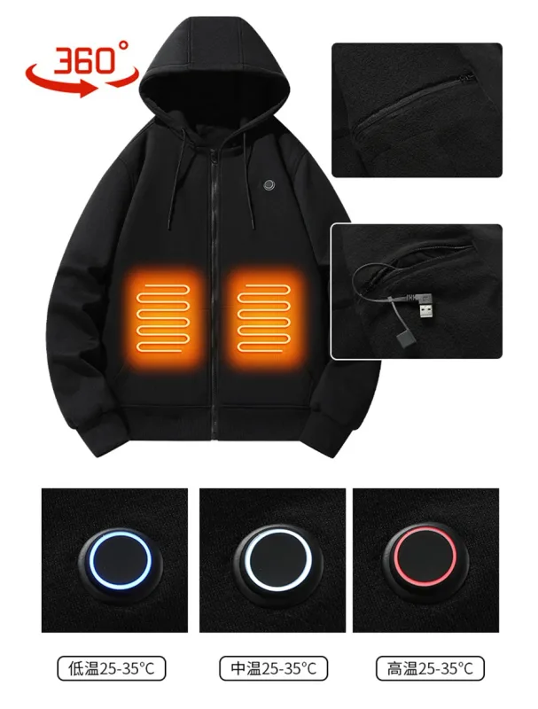 Hoodies de aquecimento usb masculino inverno elétrico aquecido hoodies jaquetas com zíper aquecido com capuz infravermelho 5 áreas de aquecimento jaqueta preto cinza — image 19