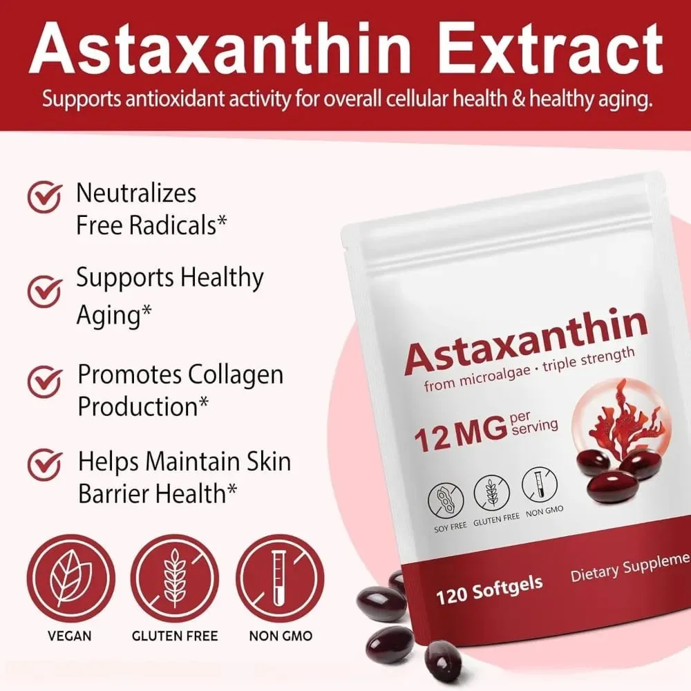 Astaxanthin 12mg Softgels Triple Strength Αντιοξειδωτική Υποστήριξη για Δέρμα Οφθαλμικές Αρθρώσεις & Ανοσοποιητική Υγεία – Προμήθεια 120 Count 4-Month — image 2