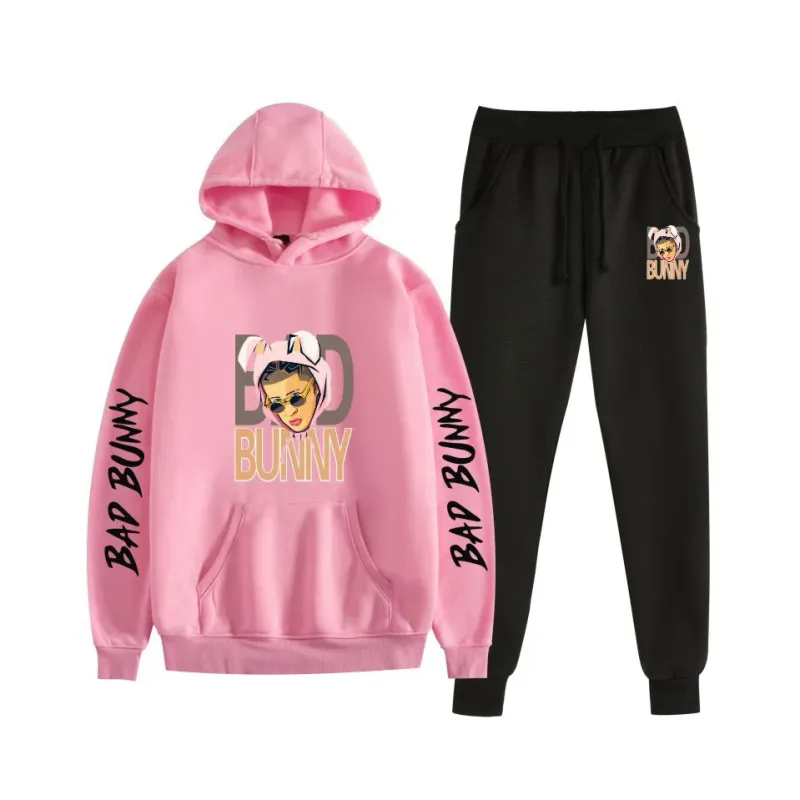 Harajuku confortável bad bunny impressão moletom moletom terno feminino hoodies + calças terno meninos/meninas 2 peça conjunto roupas — image 62