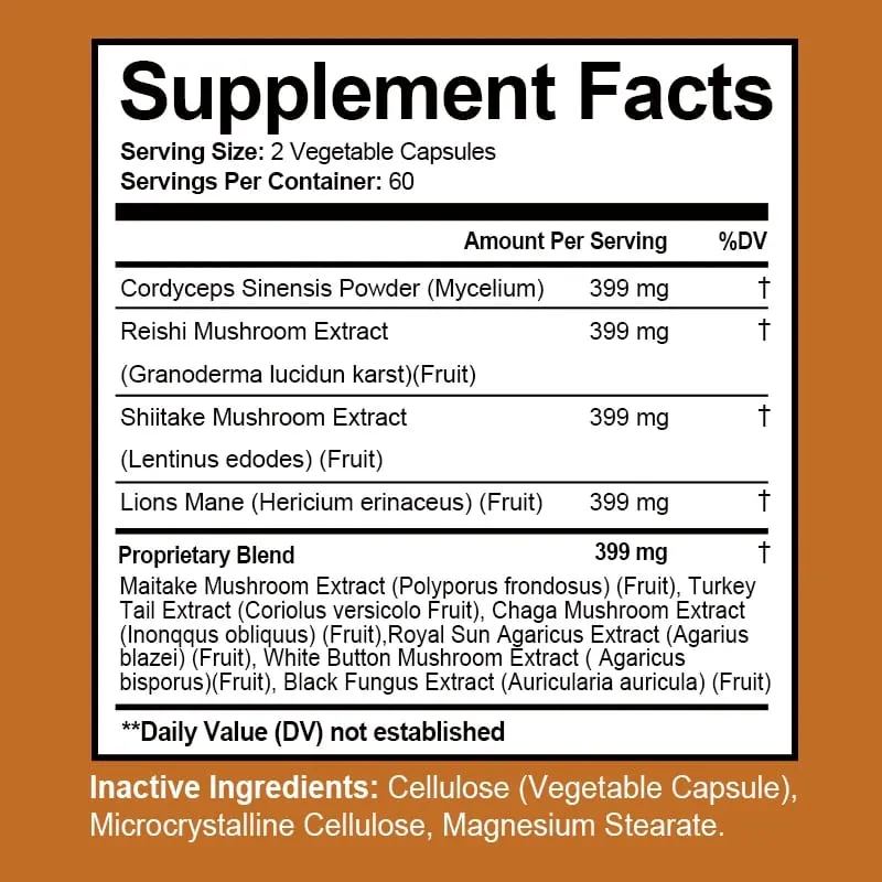 Κάψουλες με σύμπλεγμα μανιταριών - με Lions Mane Chaga Reishi Cordyceps - Υποστηρίζουν την εστίαση της μνήμης του ανοσοποιητικού συστήματος και ανακουφίζουν από το στρες