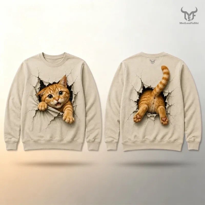 Funny 3D Visual Cat Print Sweatshirt Cute Animal Breaking Through Wall Graphic Pullover Tops Men Casual Long Sleeve Streetwear — image 7