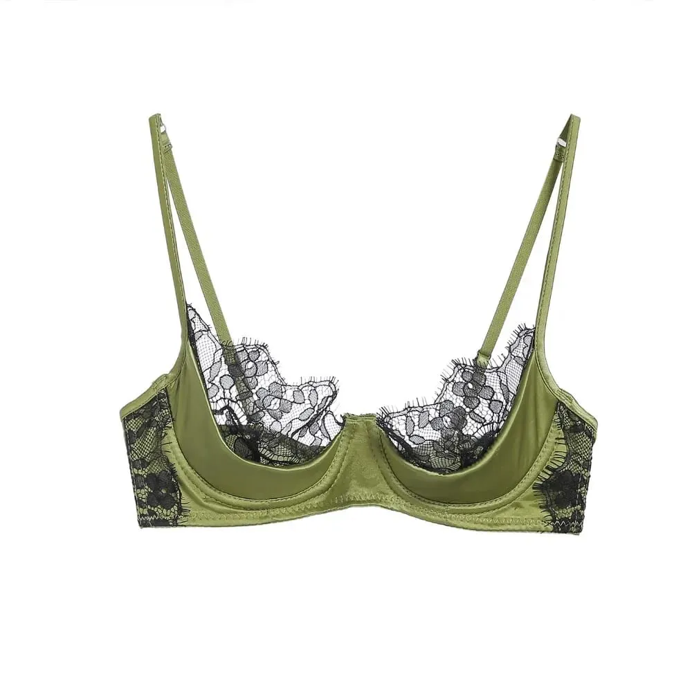 Γαλλικό Lace Half Cup Σετ Εσώρουχα Πράσινο εξαιρετικά λεπτό διάφανο μαλακό άνετο underwire σουτιέν για μικρό μπούστο γυναικών 32‑38AB — image 3