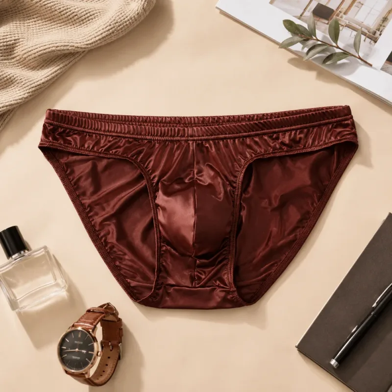 Cool Smooth Men's Underwear Low Waist Bulge Pouch Ice Silk Briefs Lingerie Breathable Satin Silk Panties Daily Routine — image 15
