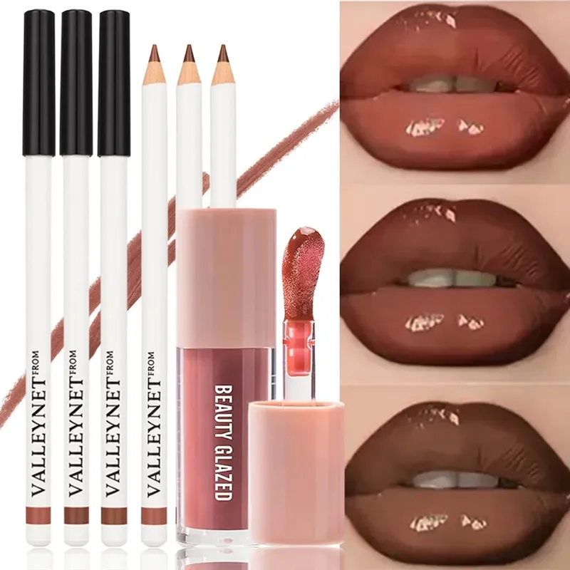 4 τμχ/σετ Συνδυασμός χειλιών: 3 τεμ. Matte Lip Liners + 1 Lip Oil ματ μακράς διαρκείας αδιάβροχο βελούδινο τέλειο για καθημερινό μακιγιάζ — image 2
