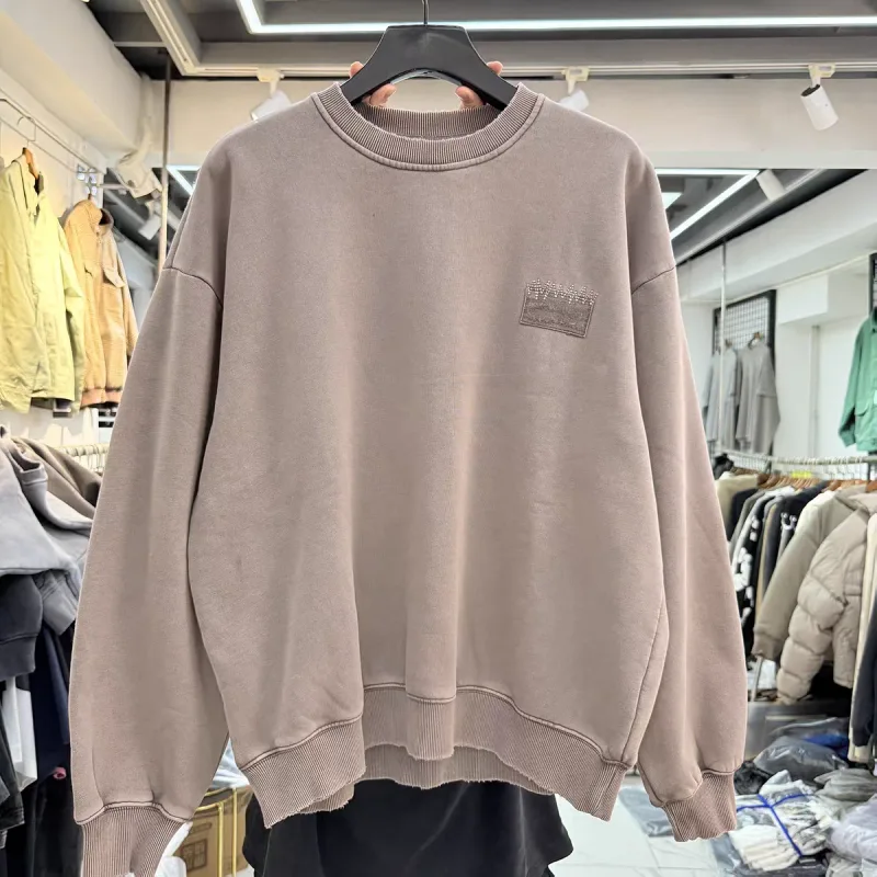 Nice Washed Embroidery Solid Crewneck Men Women Oversized Heavy Fabric Unisex Sweatshirts