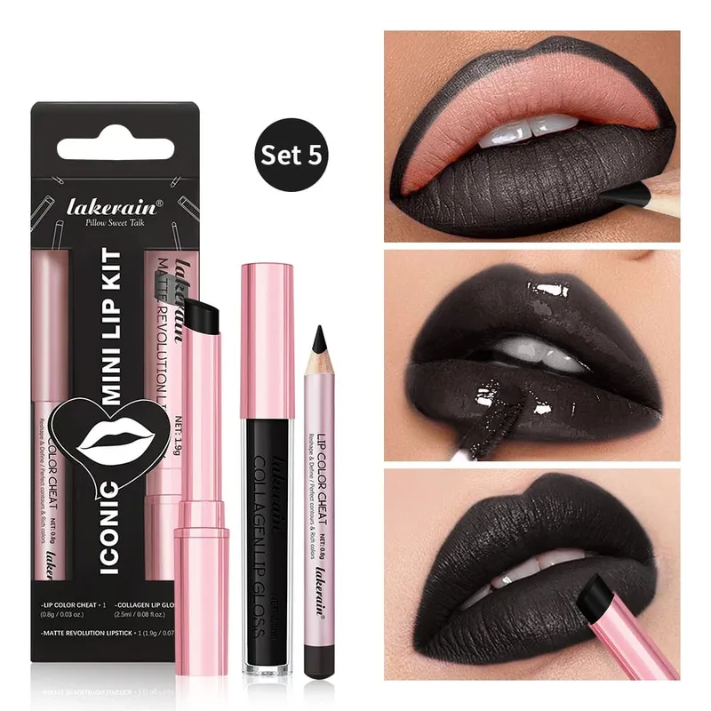 Αδιάβροχο Μαύρο Ματ Σετ Κραγιόν Velvet Liquid Lip Gloss Σετ Lip Liner Red Stain Halloween Goth Μακιγιάζ — image 2